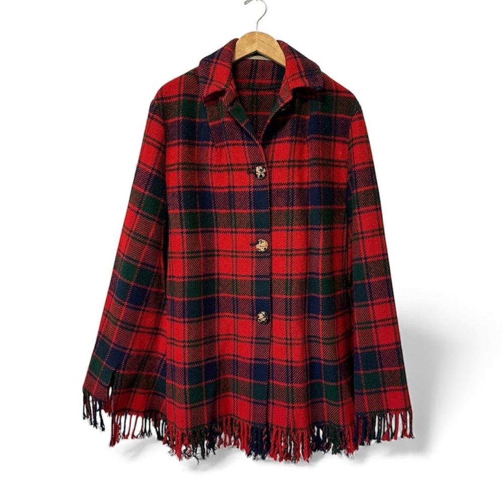 Vintage Robertson Tartan Wool Poncho Red Plaid‎ Blanket Fringe Cape Shawl Coat